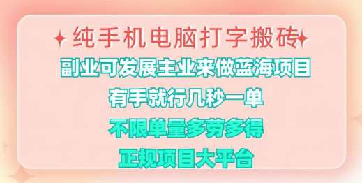 纯手机电脑打字搬砖，有手就行，几秒一单，多劳多得，正规项目大平台【揭秘】